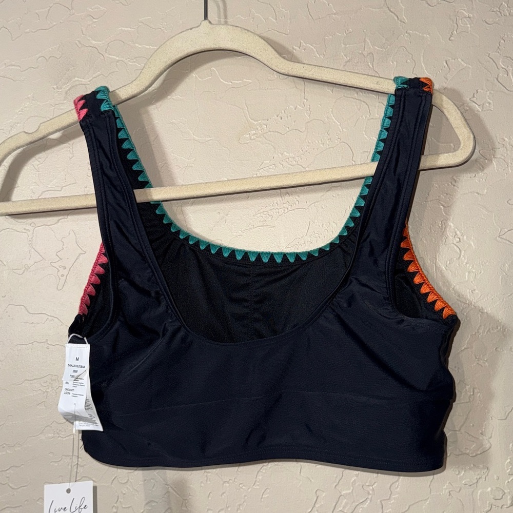 CUPSHE swimsuit black Tank midkini Wide Straps rainbow stitching size M - Picture 8 of 9